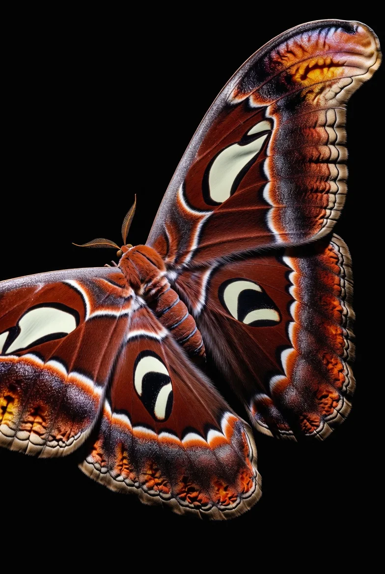 Mariposa Atlas com padrão de olhos de coruja nas asas — exemplo clássico de mimetismo biológico.