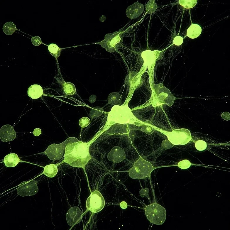 Visualização de rede neural com nós conectados por filamentos verdes brilhantes.